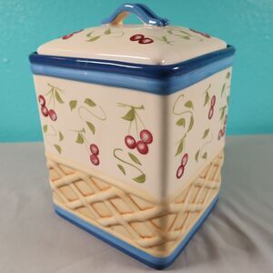 Inspirado Hand Painted Cookie Jar 10" Cherry Basket Pattern StoneLite Clay